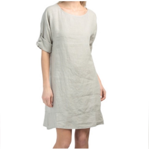 Rosemarie Made In Italy 100% Linen Taupe Minimalist Roll Tab Sleeve Dress M - Picture 3 of 10